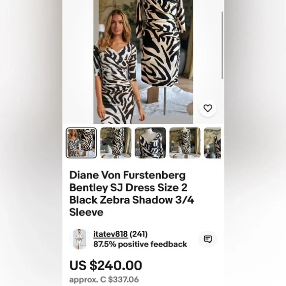 Diane Von Furstenberg Black and Cream Zebra “Bentley” 3/4 Sleeve 100% Silk Dress - Picture 12 of 16